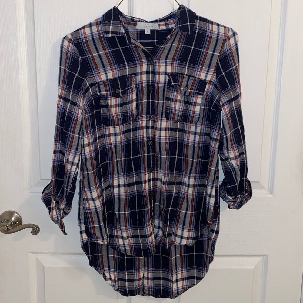 New Directions Tartan Plaid Button Up Shirt Women’s Size Small